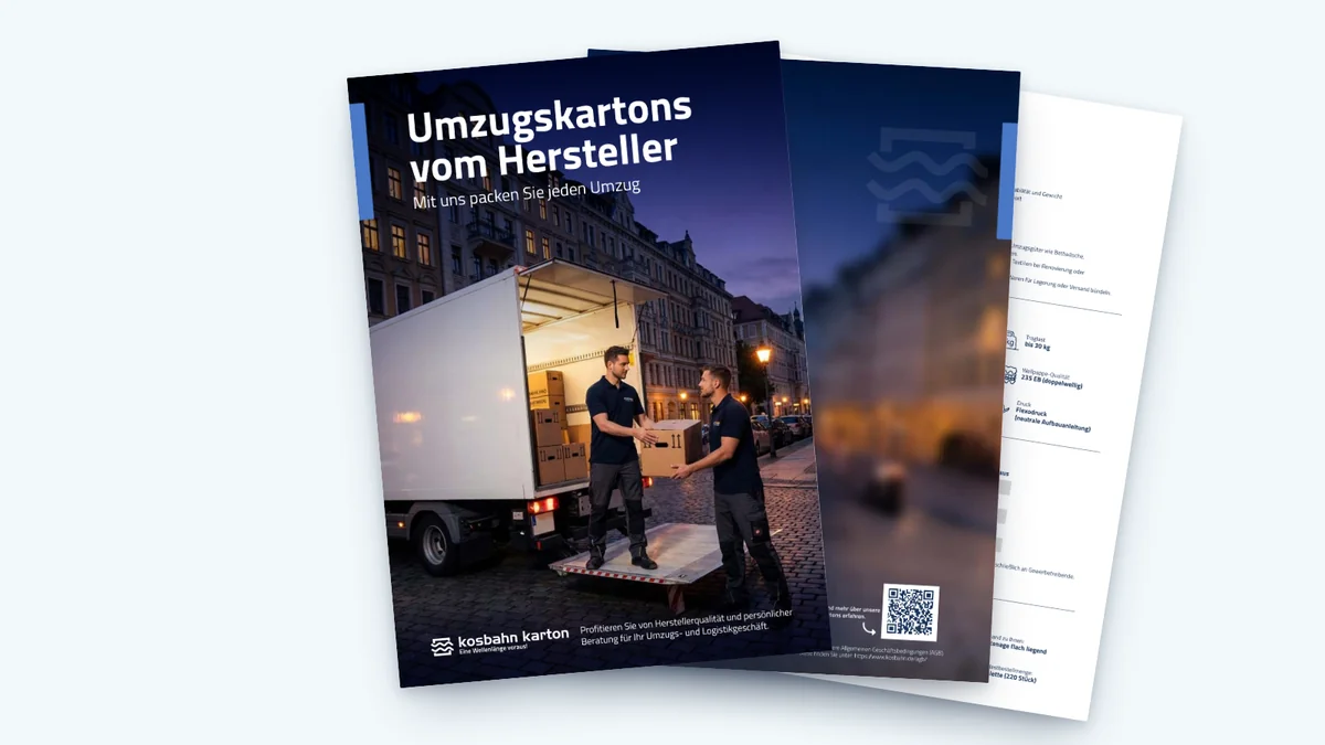 Broschüre „Umzugskartons vom Hersteller“: Titelseite, Rückseite und eine Produktseite aufgefächert