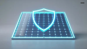 Solarmodul mit leuchtendem Schutzschild als Sinnbild für sicher verpackte PV-Module (KI-generiertes Bild)