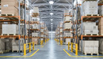 Warehouse or storage and shelves with cardboard boxes. Industrial background. 3d illustration